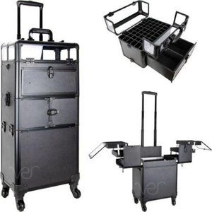 Clear Panel Black Aluminum 3-Tier Rolling Cosmetics Case Makeup & Nail Storage A